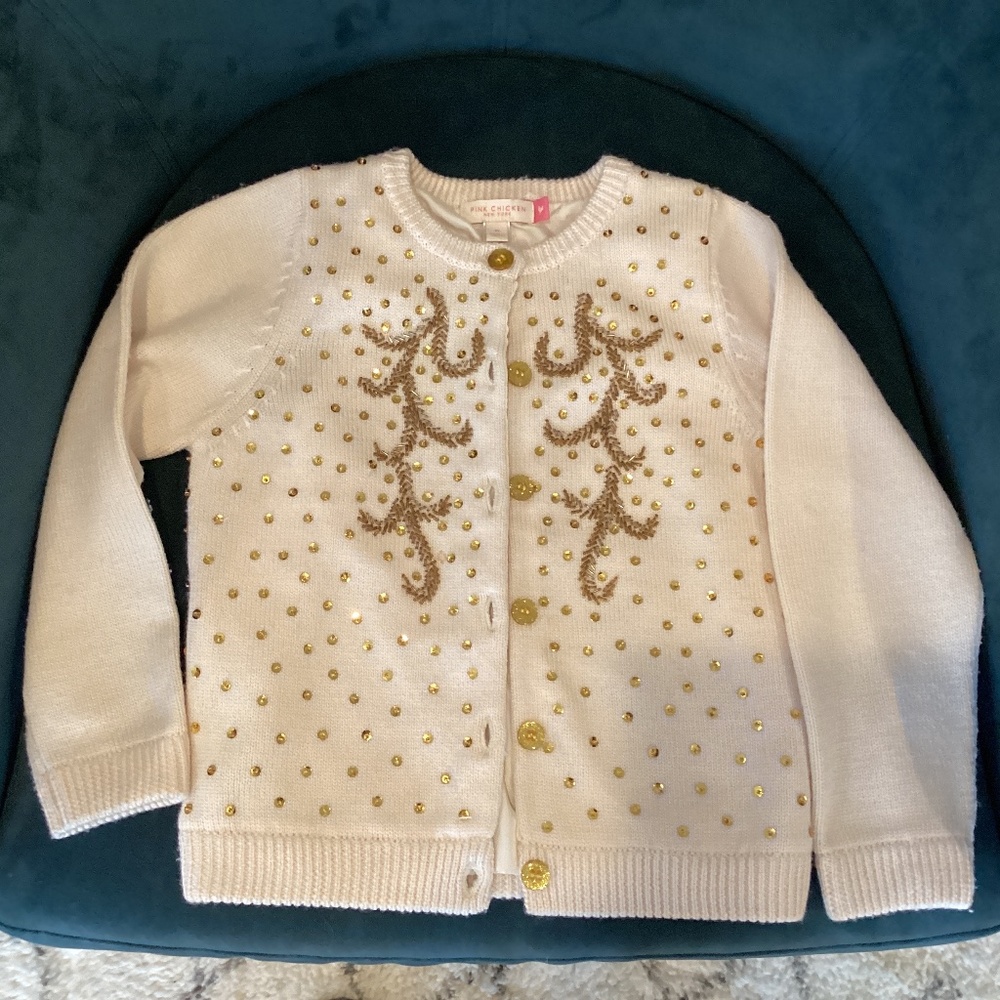 Ballet pink merino wool cardigan with gold beads+sequins